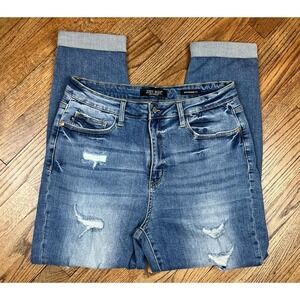 Judy Blue Mid Rise Boyfriend‎ Distressed Denim Jeans Women's Dark Wash Sz 32x30